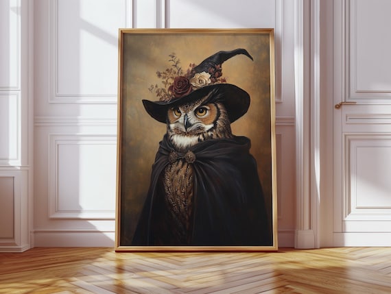 Witchy Great Horned Owl In Floral Hat And Black Cloak Wall Art