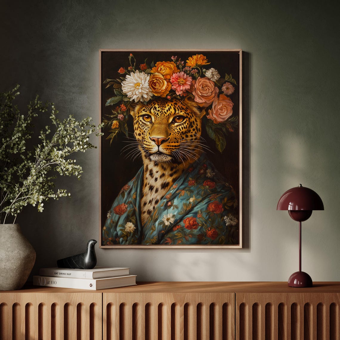 Leopard Floral Crown Teal Robe Vibrant Blooms Boho Portrait Poster - Image 7
