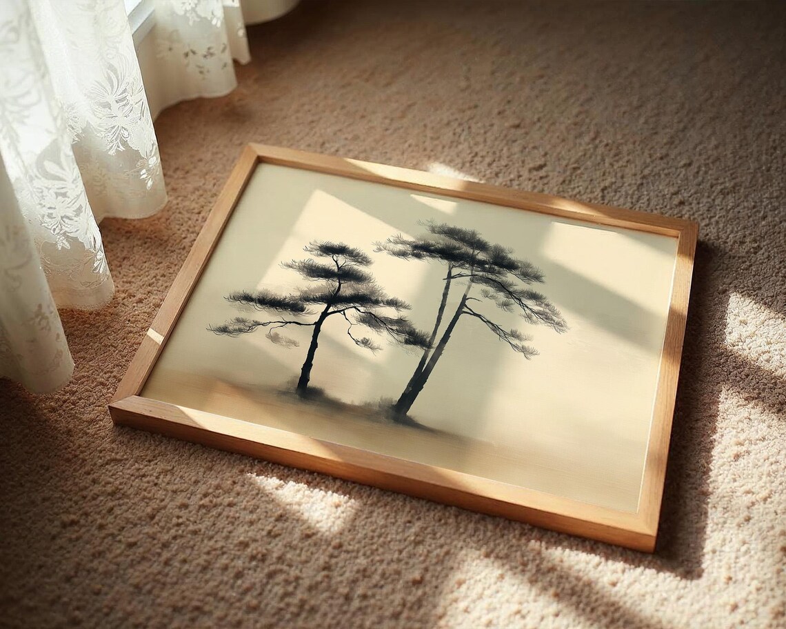 Minimalist Ink Pine Trees in Morning Mist Zen Japanese Wall Poster