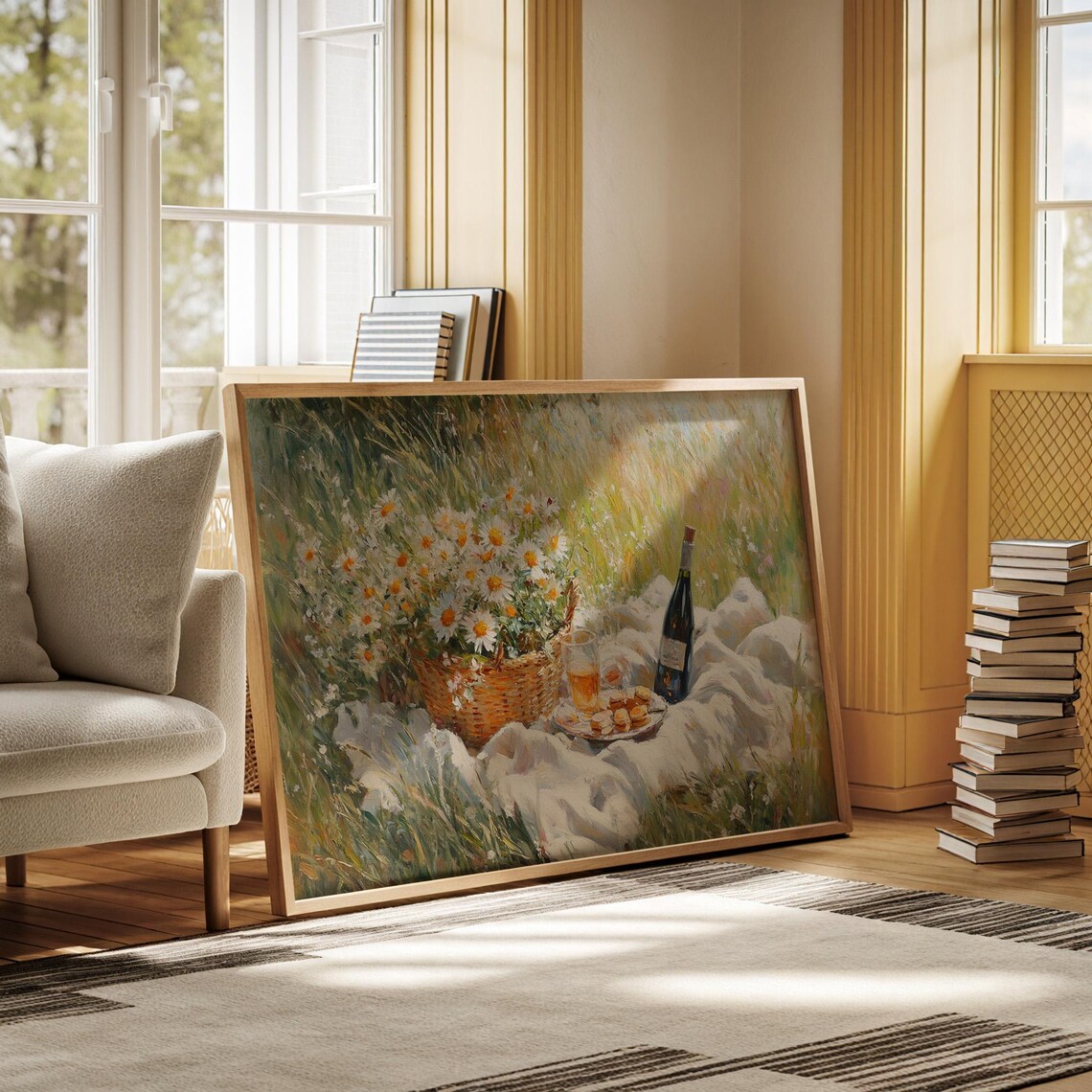 Sunlit Meadow Picnic Basket Of Daisies Wine And Cookies Wall Art - Image 6