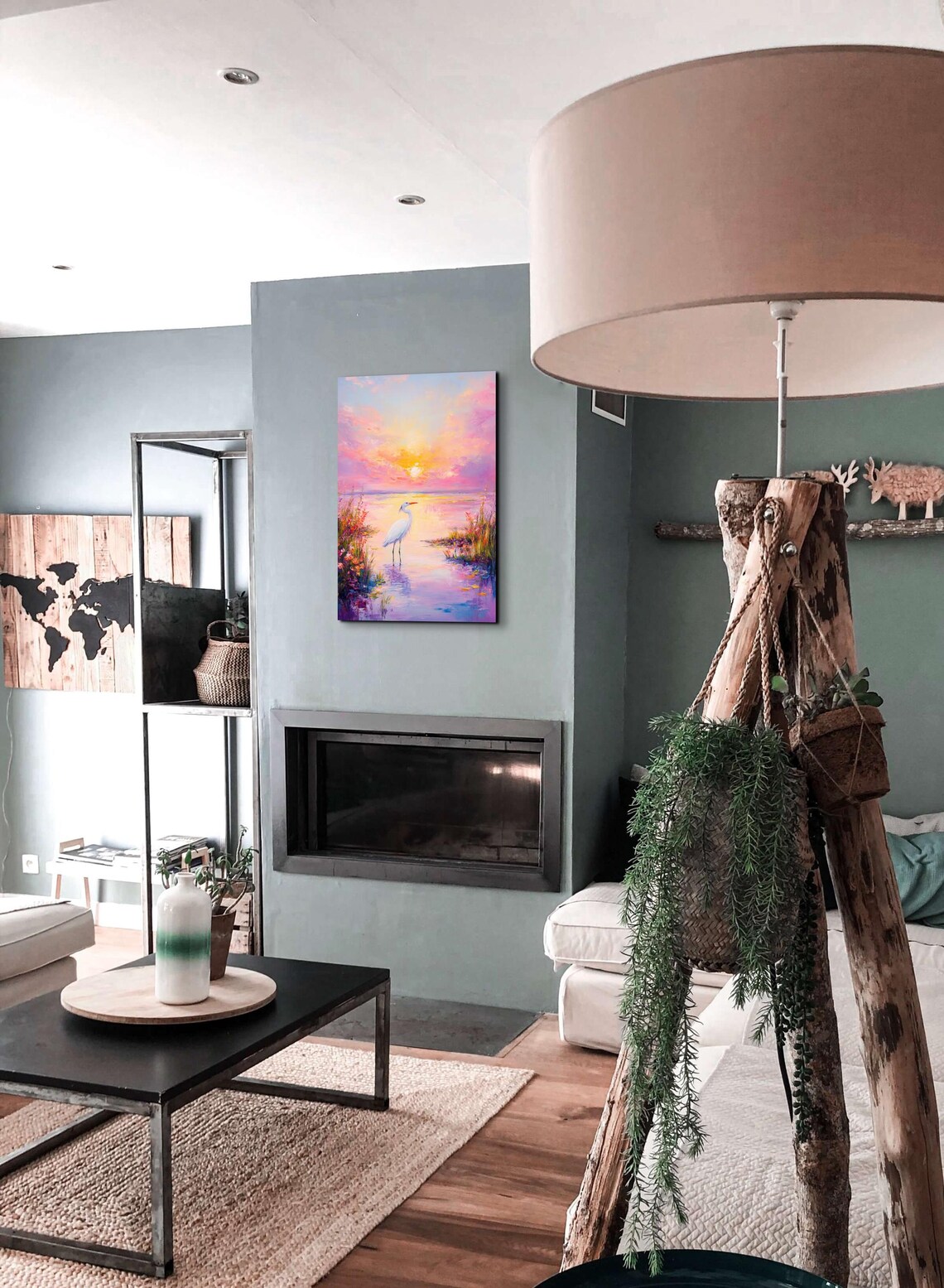 White Egret in Pastel Watercolor Sunset Wetland With Pink Sky Poster - Image 4