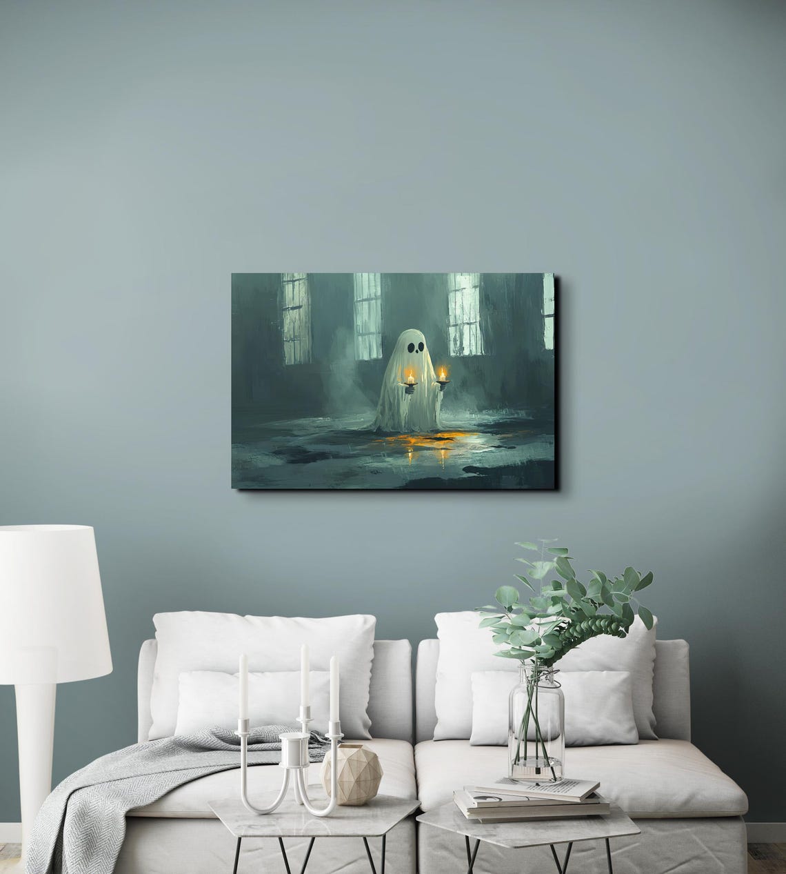 Cute Ghost Holding Two Lit Candles in a Dark Misty Gothic Hall Poster - Image 5