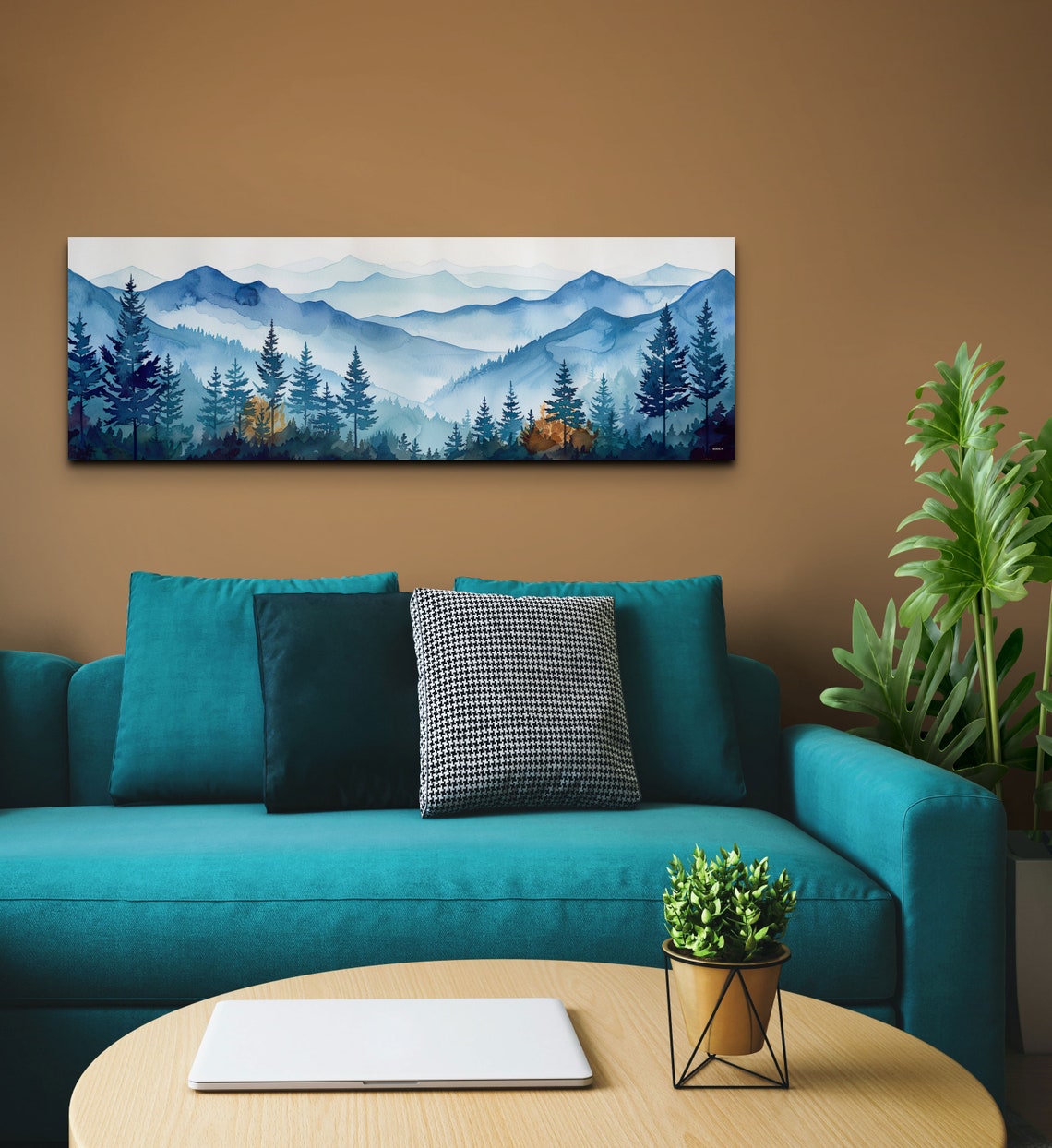 Foggy Blue Pine Forest Mountain Layers Watercolor Panorama Poster - Image 5