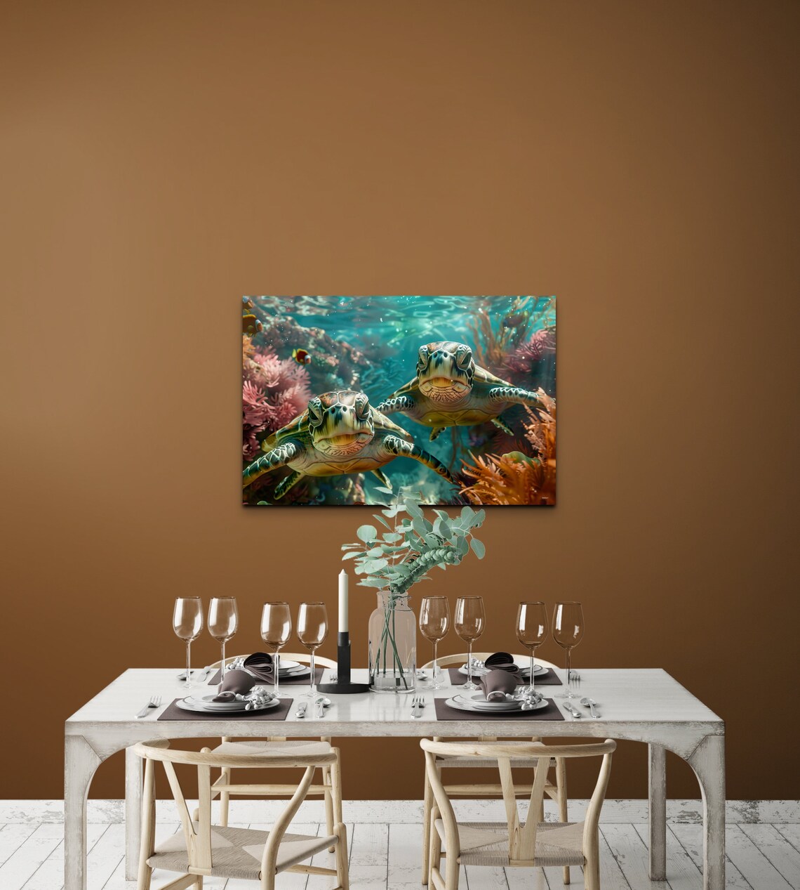 Two Sea Turtles Swimming Underwater Among Coral Reef Colors Wall Art - Image 5