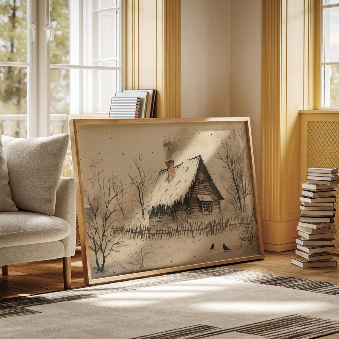 Vintage Snowy Log Cabin Sepia Winter Sketch Farmhouse Poster