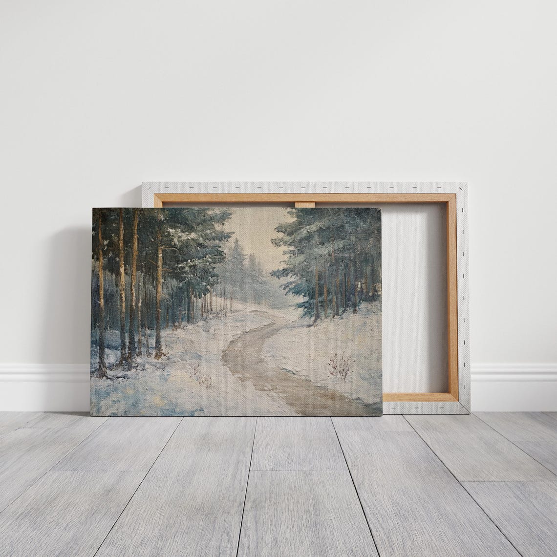 Snowy Forest Pathway Winter Landscape Rustic Vintage Painting Poster - Image 3