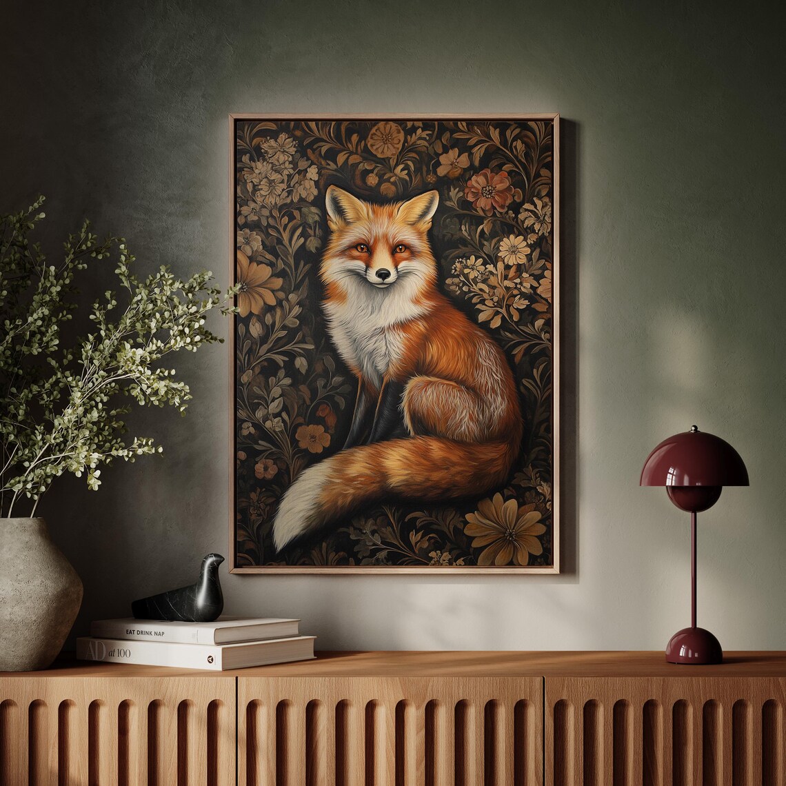 Red Fox Seated in Dark Botanical Floral Tapestry Wildlife Poster - Image 7