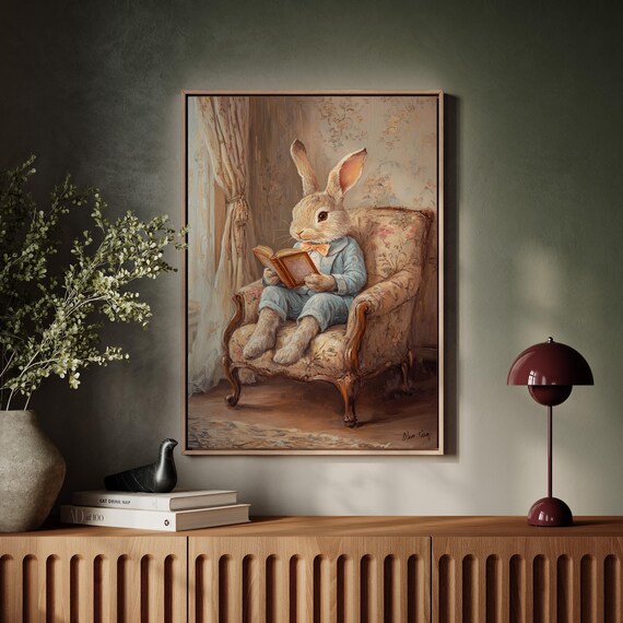 Whimsical Bunny Reading Book In Floral Armchair Nursery Poster