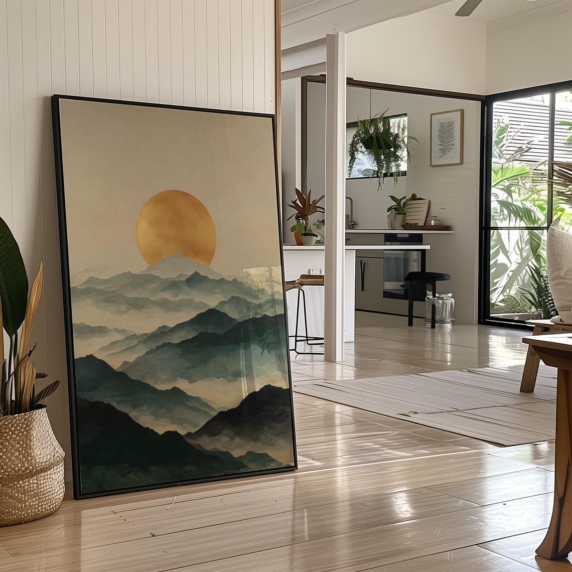 Golden Sun Rising over Layered Misty Mountain Landscape Poster