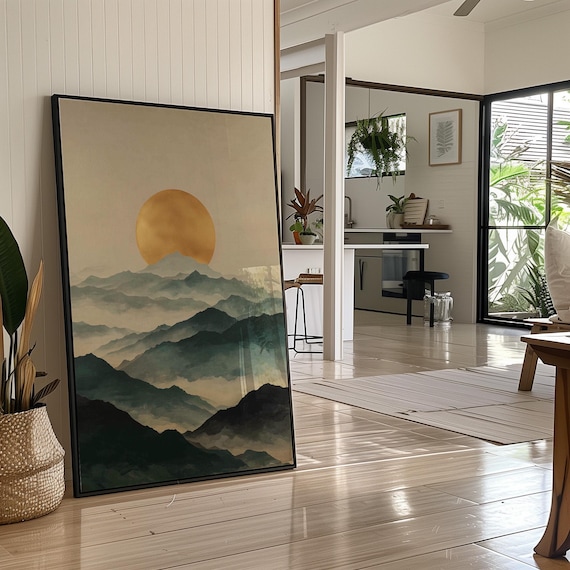 Golden Sun Rising over Layered Misty Mountain Landscape Poster