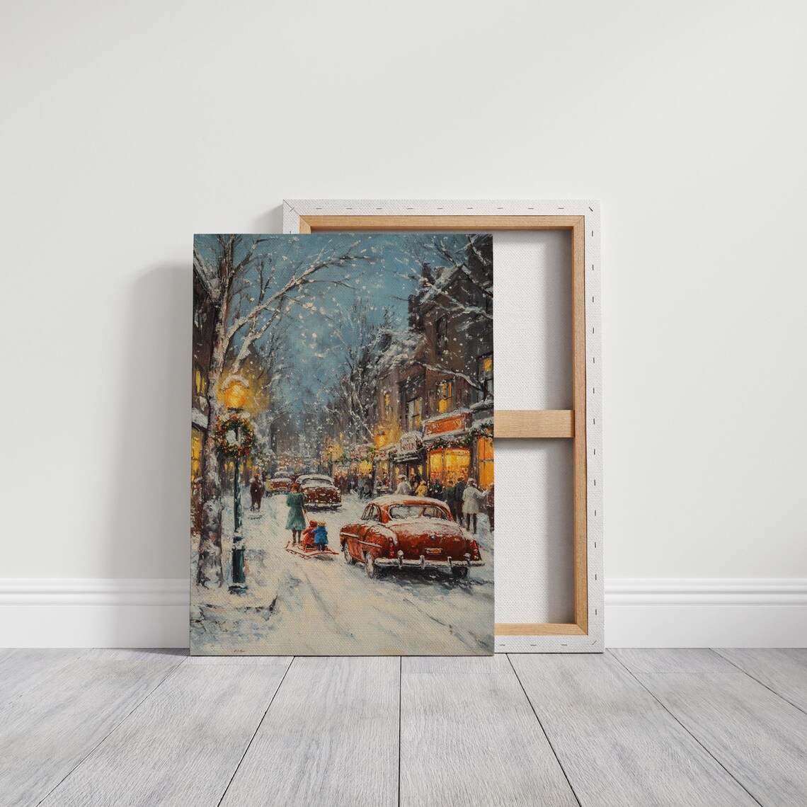 Vintage Winter Street Scene Snowy Christmas Retro Cars Holiday Poster - Image 3