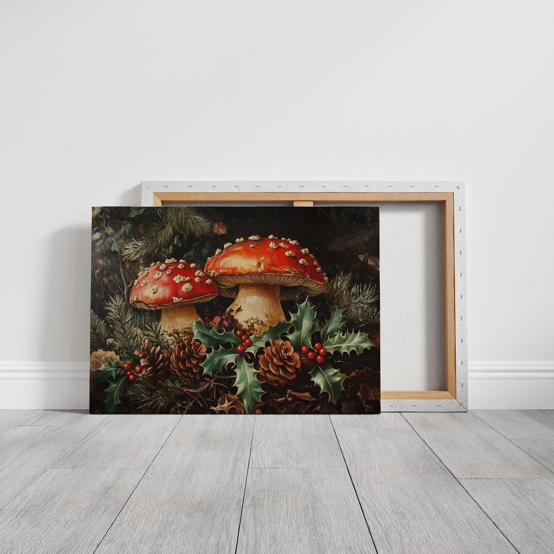 Red Fly Agaric Mushrooms Holly Berries Pinecones Dark Woodland Poster - Image 3