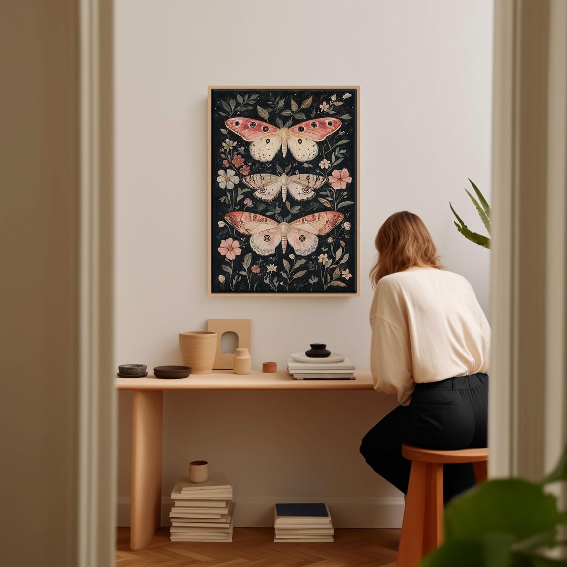 Delicate Pink Moths And Wildflowers Wall Art For Botanical And Nature Inspired Home Decor - Image 2