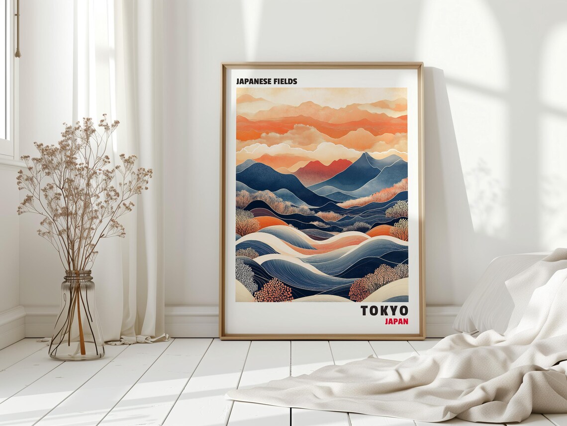 Japanese Fields Tokyo Japan Retro Layered Mountain Travel Poster
