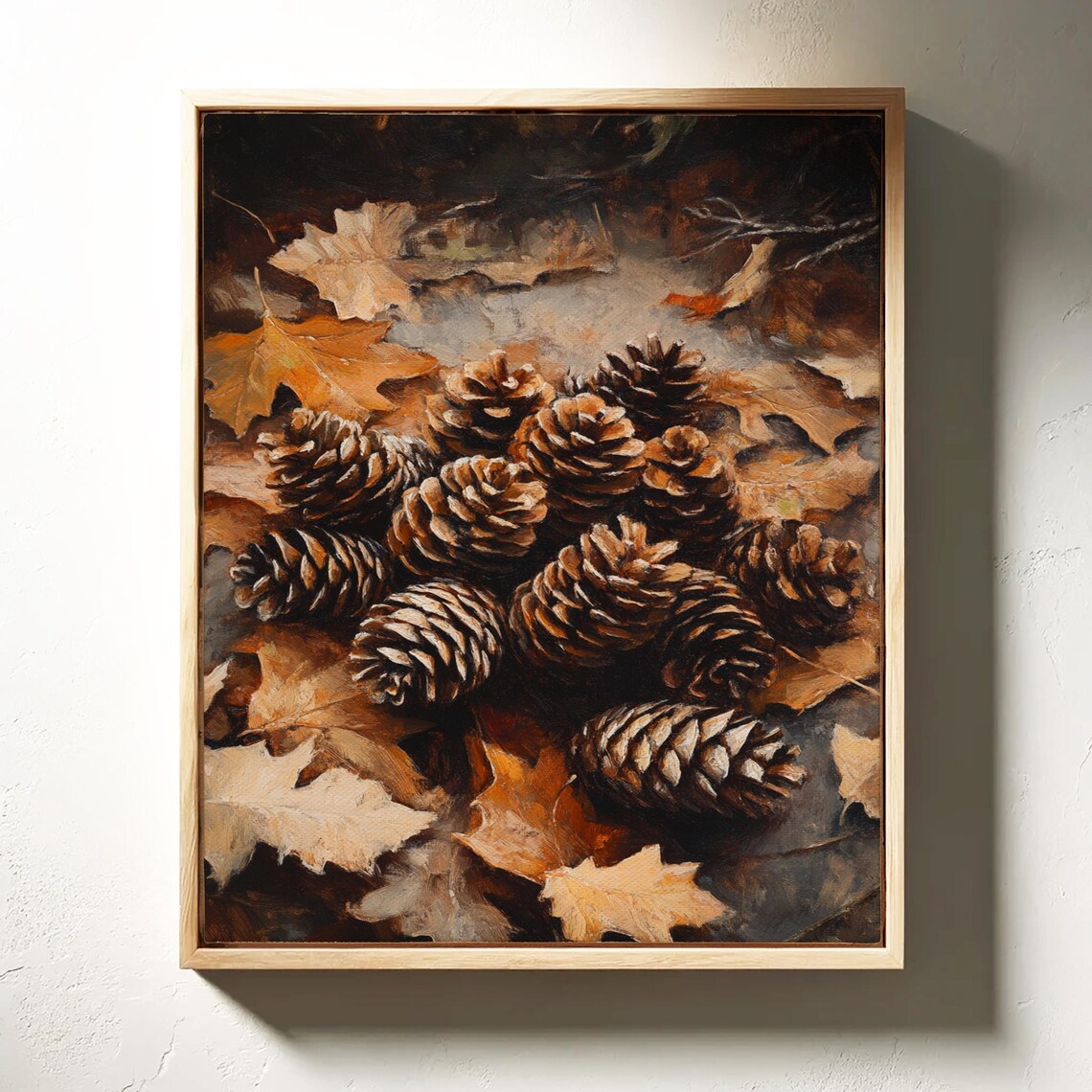 Pinecones with Autumn Oak Leaves Dark Rustic Fall Harvest Painting Poster - Image 4
