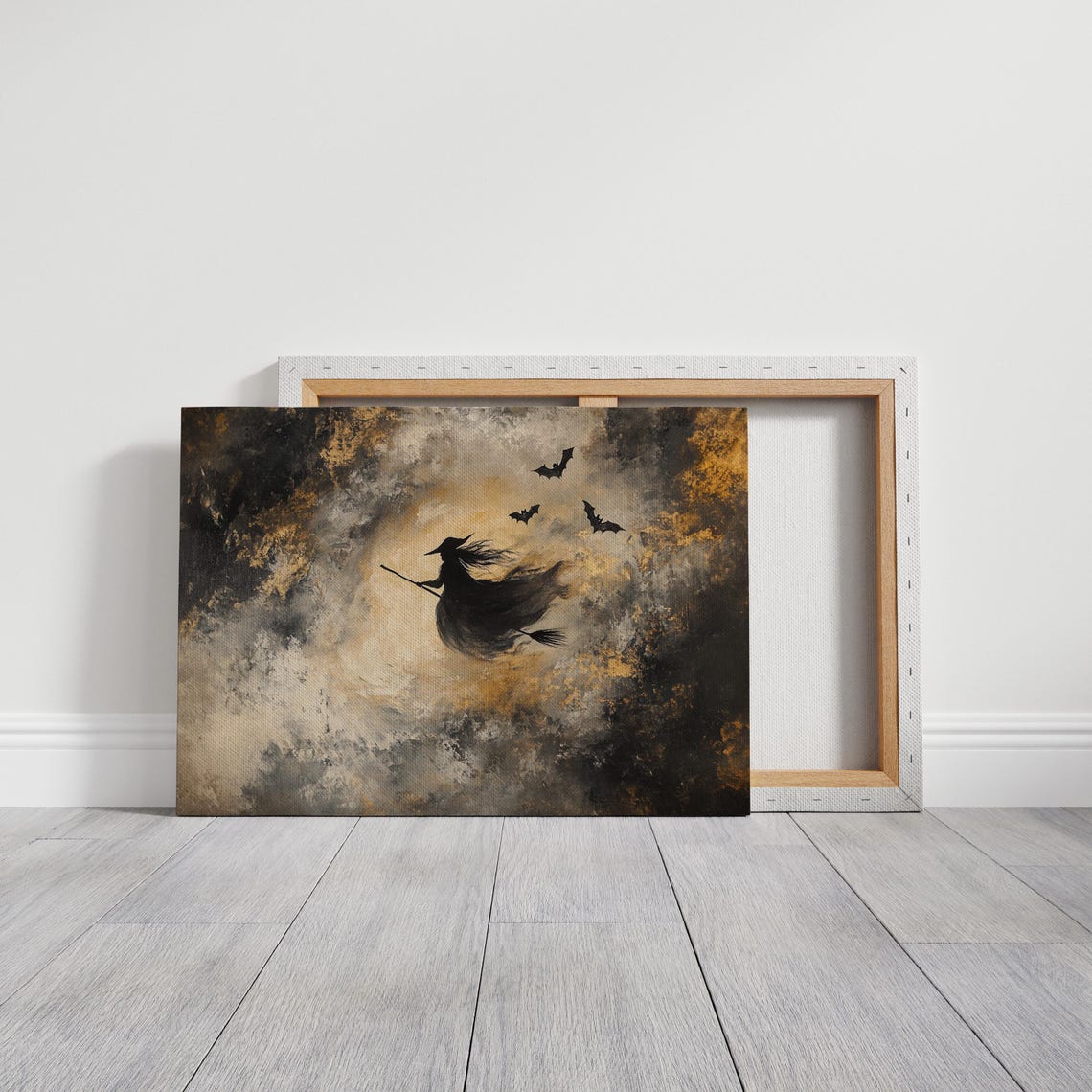 Halloween Witch Silhouette Flying Broomstick Full Moon Bats Poster - Image 3