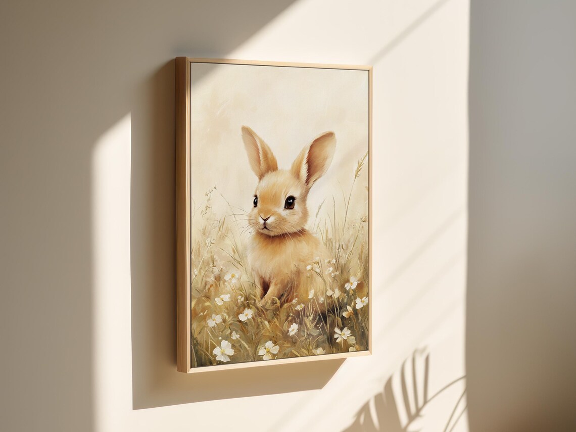 Adorable Baby Bunny In Wildflower Meadow Soft Cream Art Poster - Image 6