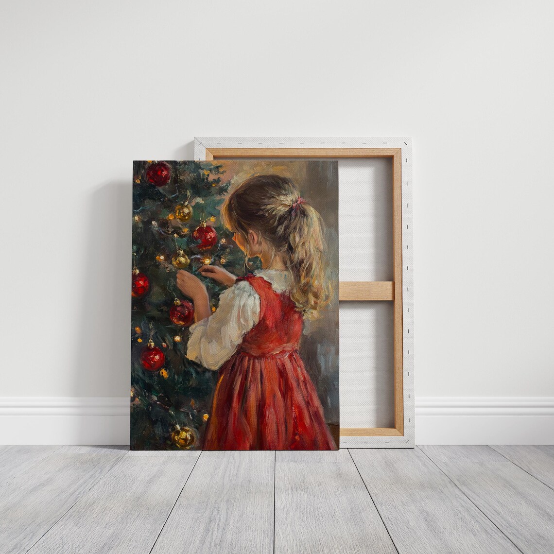 Little Girl in a Red Dress Decorating a Christmas Tree Vintage Poster - Image 3