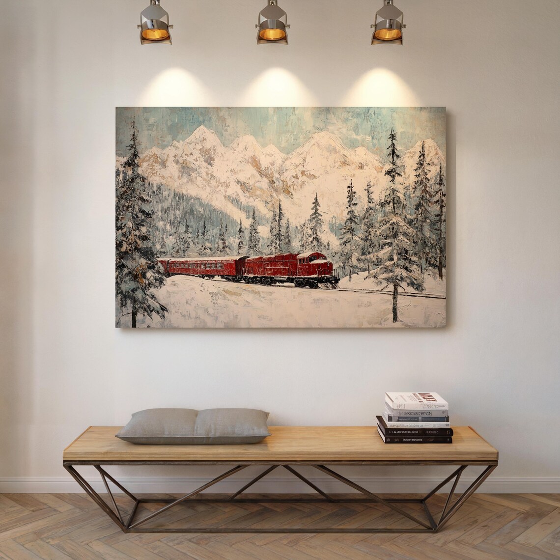 Red Locomotive Train In Snowy Alpine Winter Railway Wall Poster - Image 4