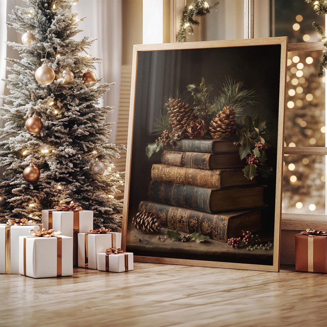 Vintage Books With Pinecones And Holly, Poster Print