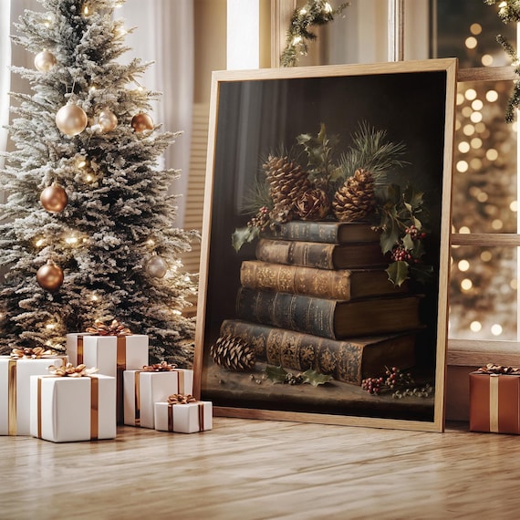 Vintage Books With Pinecones And Holly, Poster Print