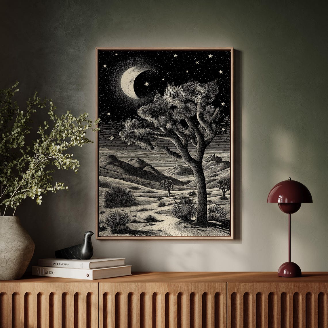 Joshua Tree Under Crescent Moon Desert Night Sky Engraved Poster