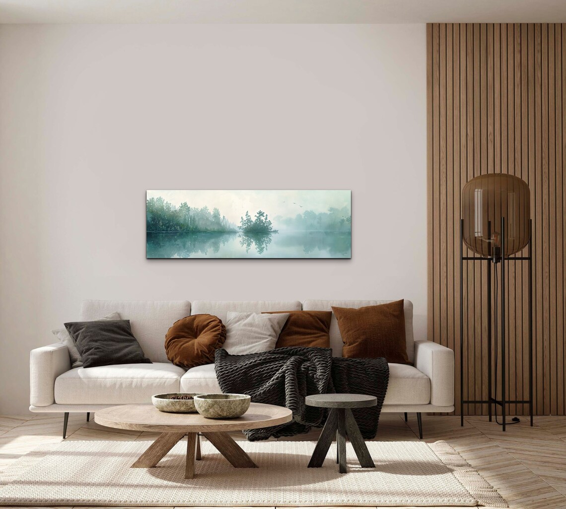 Teal Misty Lake With Green Forest Shoreline Panoramic Poster - Image 6