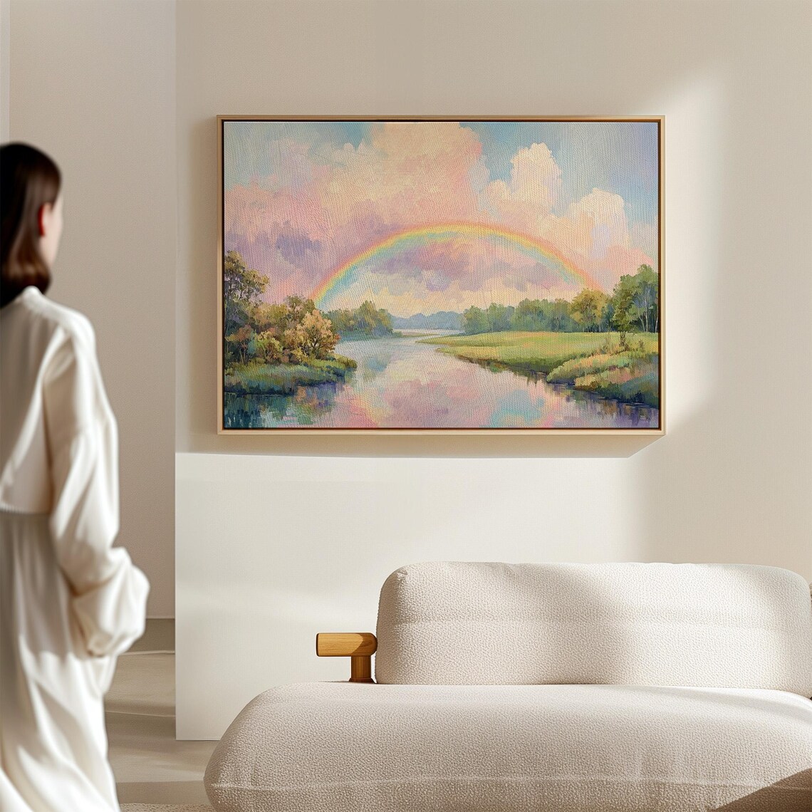 Vivid Rainbow Over Peaceful River Pastel Landscape Painting Poster - Image 4