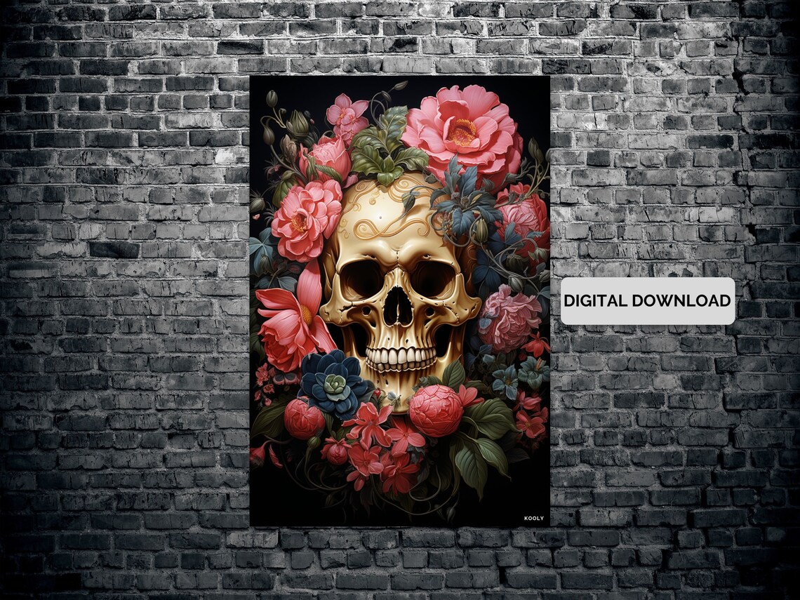 Golden Skull With Pink Flowers Day Of The Dead Gothic Art Poster