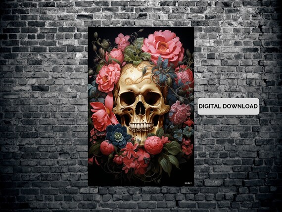 Golden Skull With Pink Flowers Day Of The Dead Gothic Art Poster