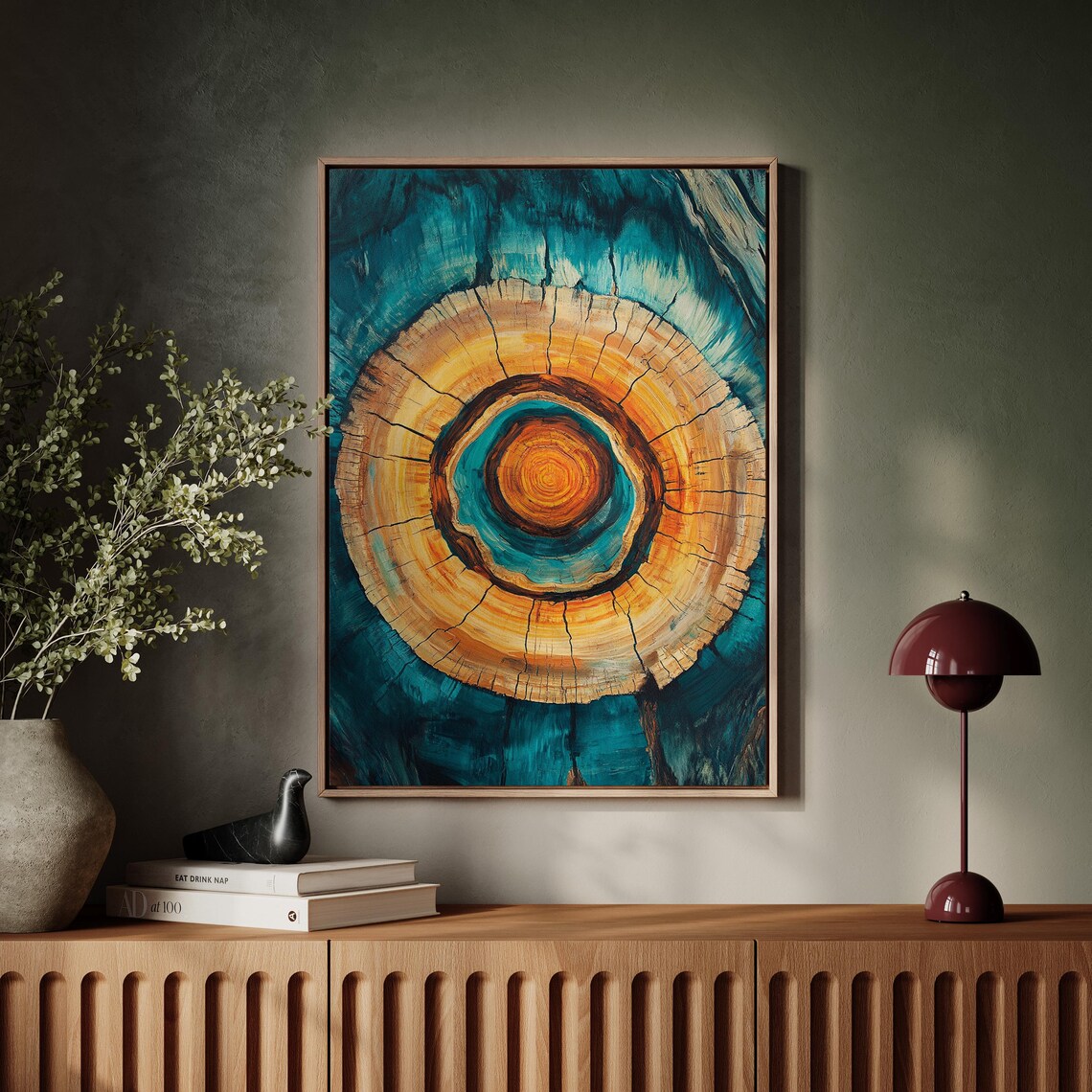 Teal And Orange Tree Ring Abstract Art Print - Image 4