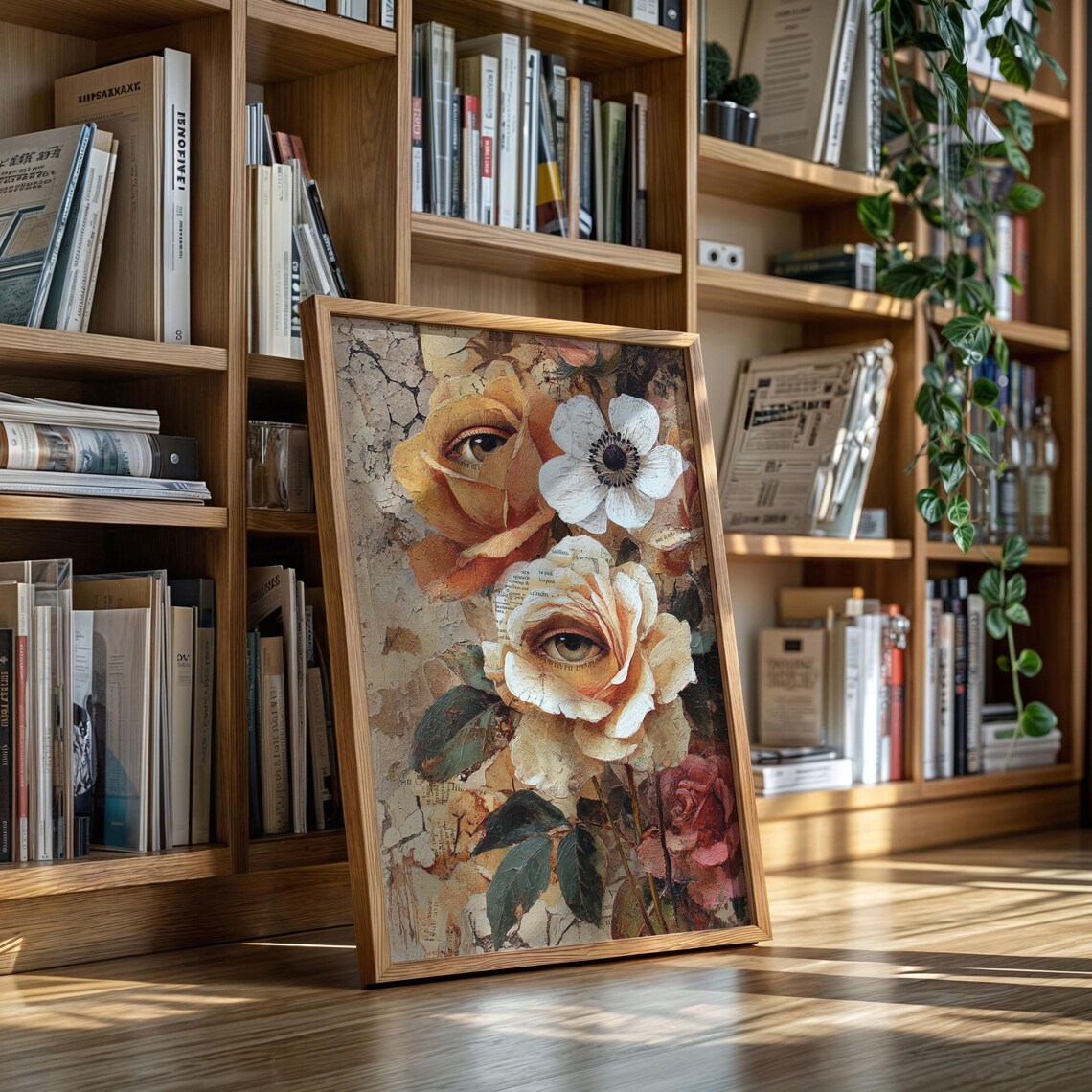 Surreal Roses with Human Eyes Vintage Style Botanical Collage Art Poster