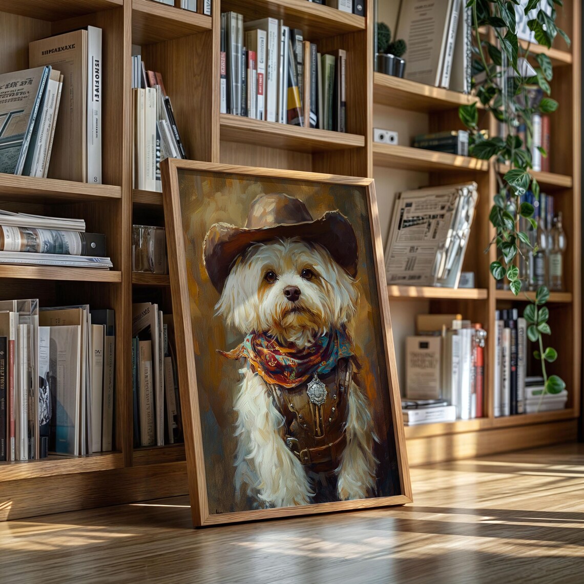 Fluffy White Dog Cowboy Sheriff Portrait Hat Colorful Bandana Poster