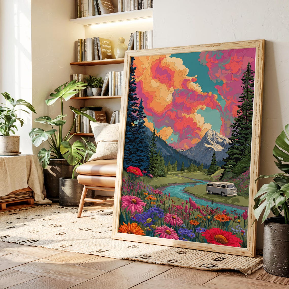 Retro Psychedelic Mountain Camper Van Wildflower Adventure Poster
