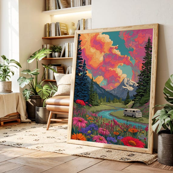 Colorful Mountain Landscape Canvas Wall Art Retro Van With Wildflowers Psychedelic Sunset Sky Nature Print For Boho Living Room Dcor