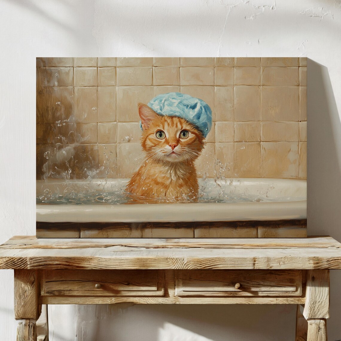 Cute Orange Kitten In Bathtub Shower Cap Vintage Funny Cat Poster - Image 3