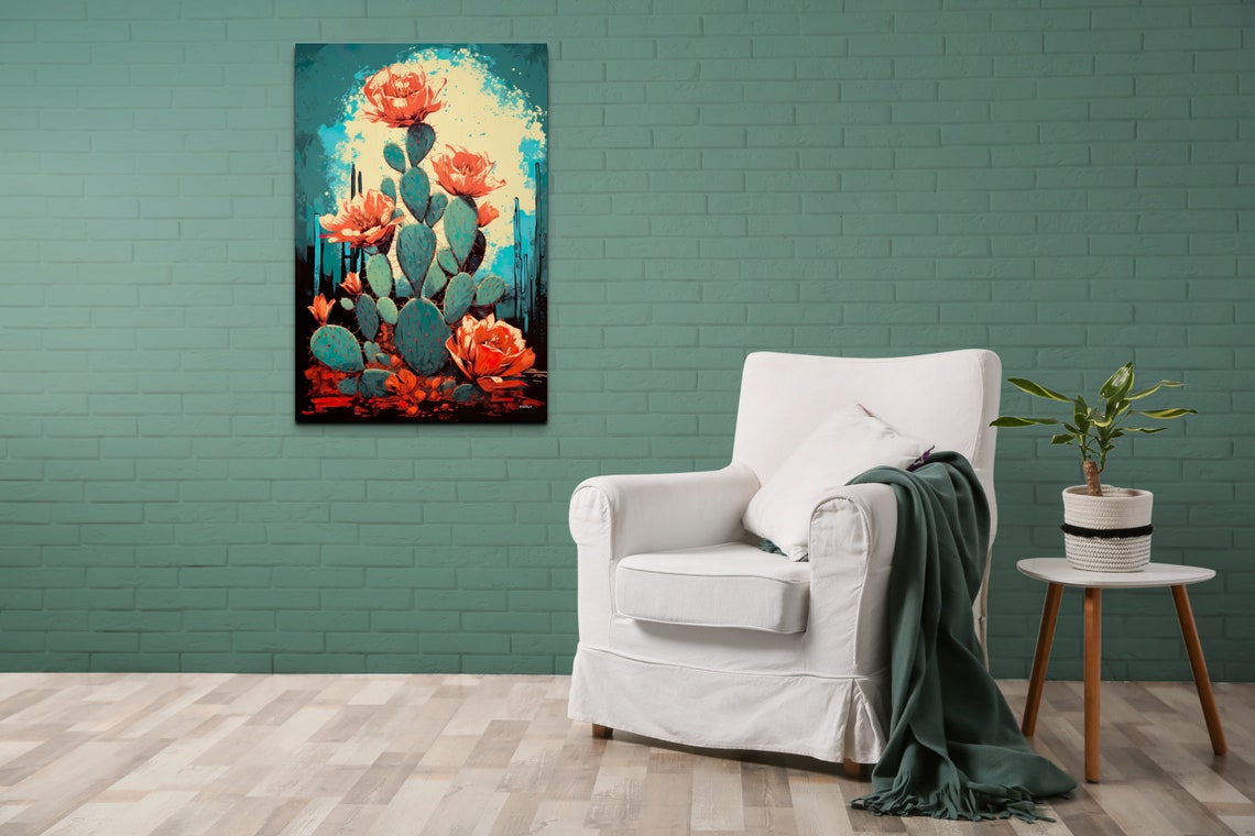 Blooming Cactus Red Flowers Teal Pop Art Desert Botanical Poster - Image 6