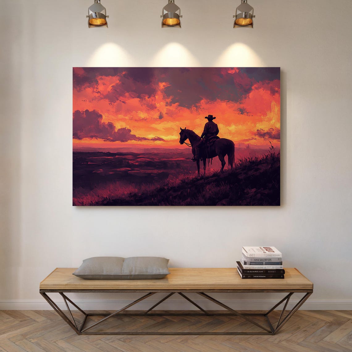 Cowboy Silhouette On Horseback At Deep Red Sunset Western Poster - Image 4