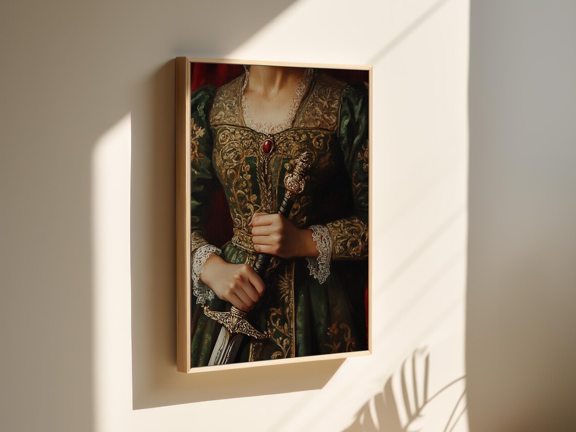 Regal Noblewoman in Green Brocade Gown Holding Ornate Sword Art Poster - Image 4