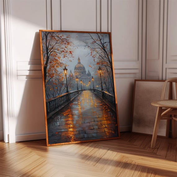 Romantic Autumn Bridge Canvas Wall Art Rainy City Street With Lights And Dome Moody Foggy European Walkway Urban Home Decor