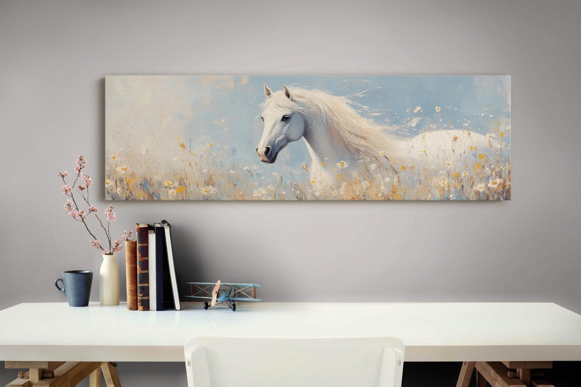 White Horse Running Through Daisy Field Panoramic Equine Poster - Image 3