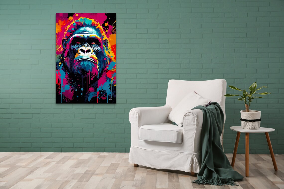 Gorilla Portrait Neon Pop Art Colorful Paint Splatter Poster - Image 6