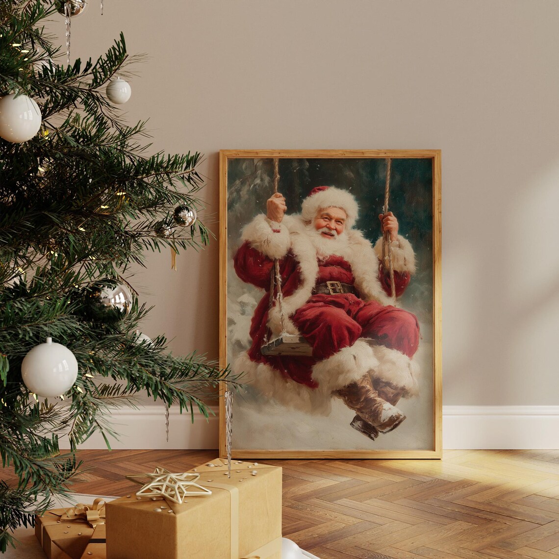 Vintage Santa On Swing Art Print, Festive Holiday Decor
