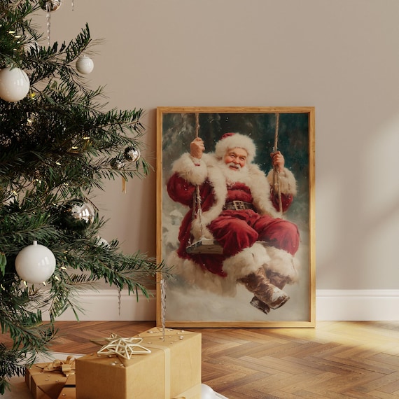 Vintage Santa On Swing Art Print, Festive Holiday Decor