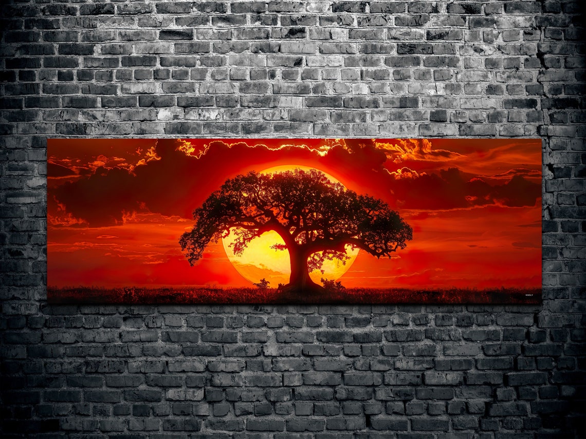 Big Sunset Behind Old Tree Wall Art Print Panoramic Wall Decor Home Decor Livingroom Art Ready To Hang Nature Decor Lone Tree - Image 2
