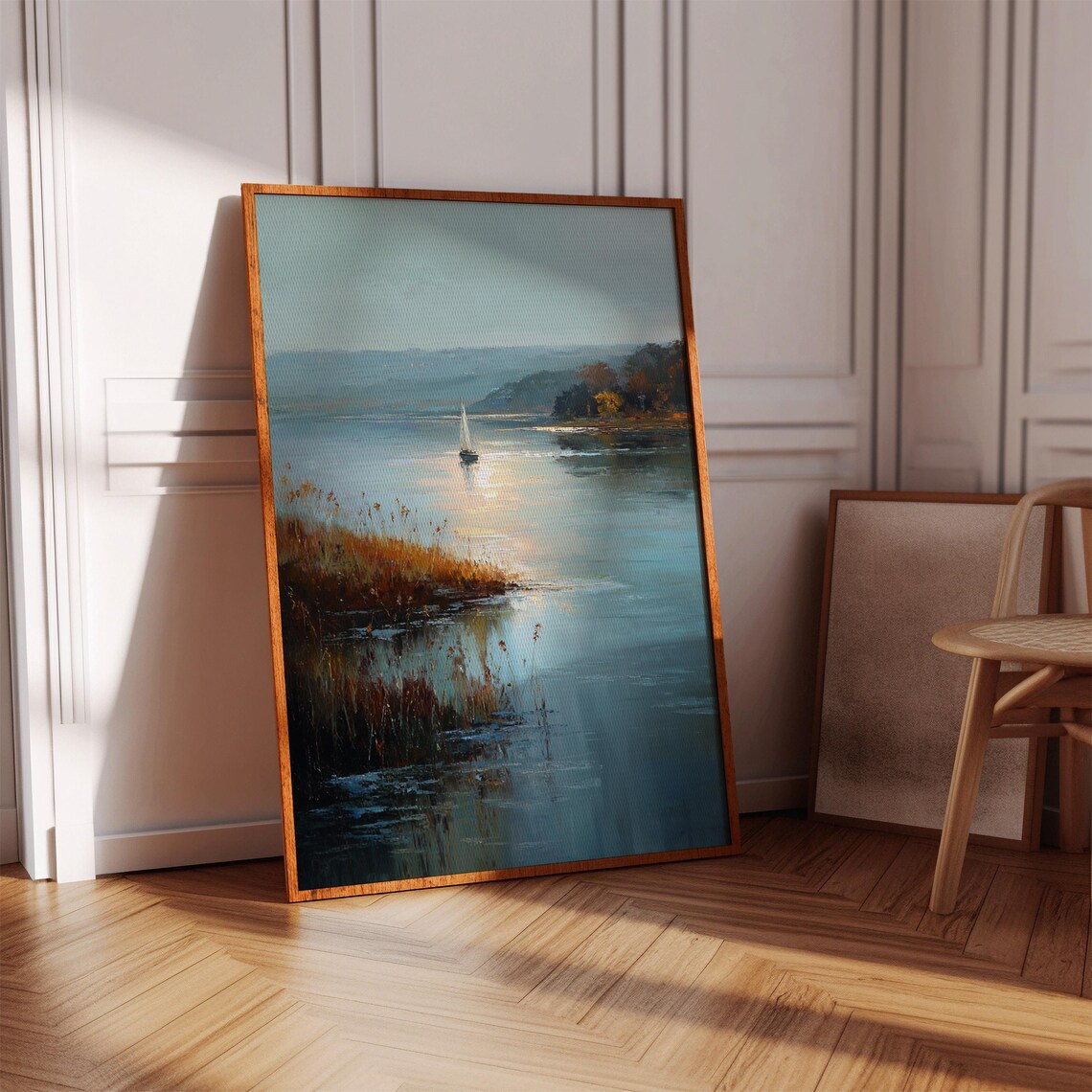 Sailboat On Tranquil Lake At Golden Sunset Oil Painting Poster