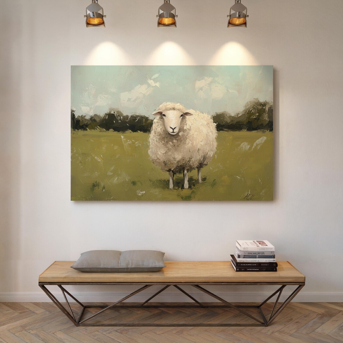 Rustic White Sheep Portrait in Meadow Textured Oil Painting Poster - Image 5