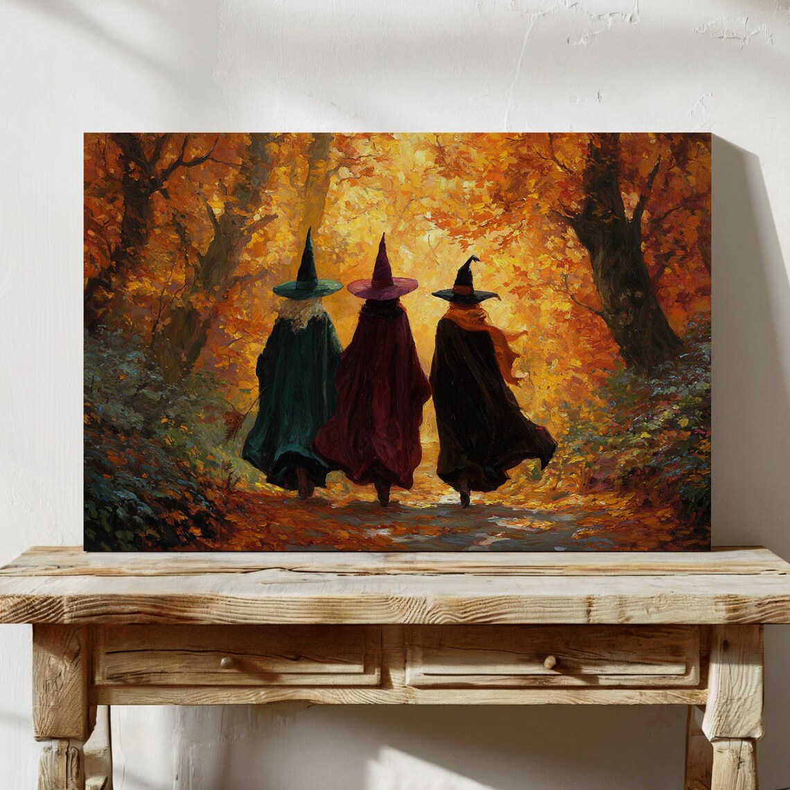 Three Witches Entering Glowing Autumn Forest Oil Painting Poster