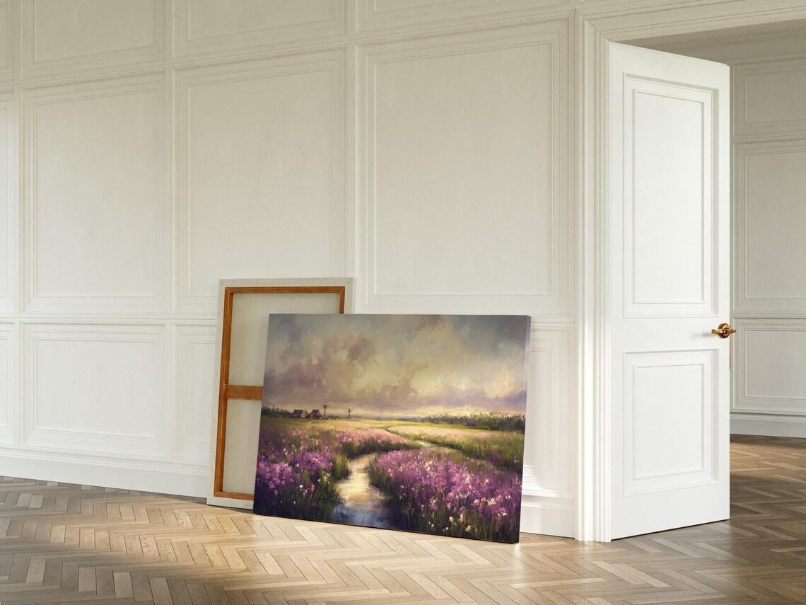 Purple Wildflower Meadow With Stream At Sunset Painting Poster - Image 4