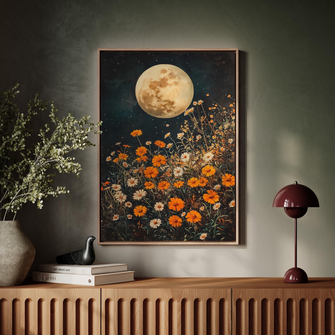 Full Moon Rising Over Wildflower Meadow Orange Blossoms Night Poster - Image 7